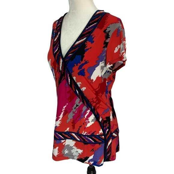 BCBGMAXAZRIA Colourful Faux Wrap Short Sleeve Top Size M - Picture 5 of 8